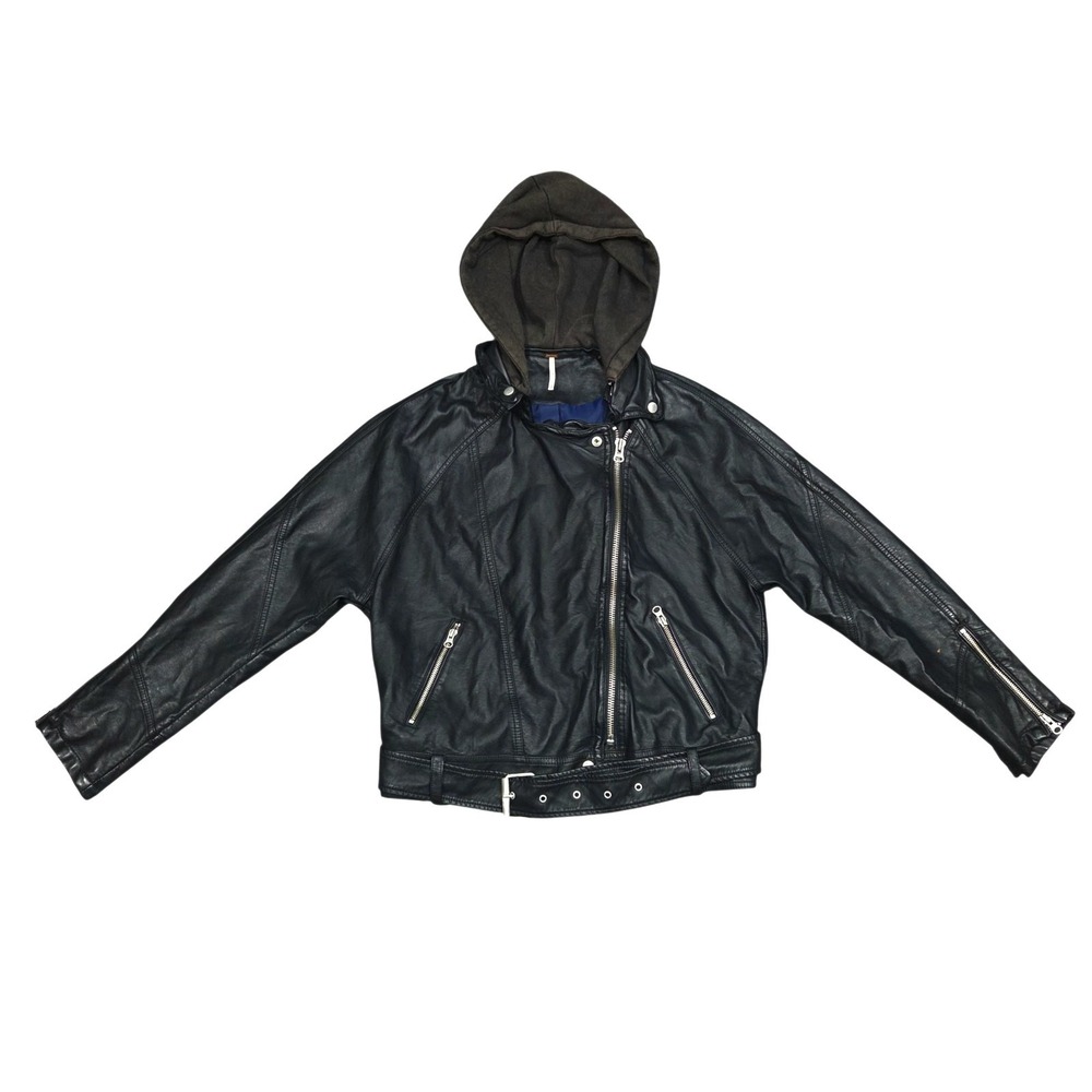 Free People Moto Jacket Women's S/P Black Faux Leather Zip Vegan Detachable Hood